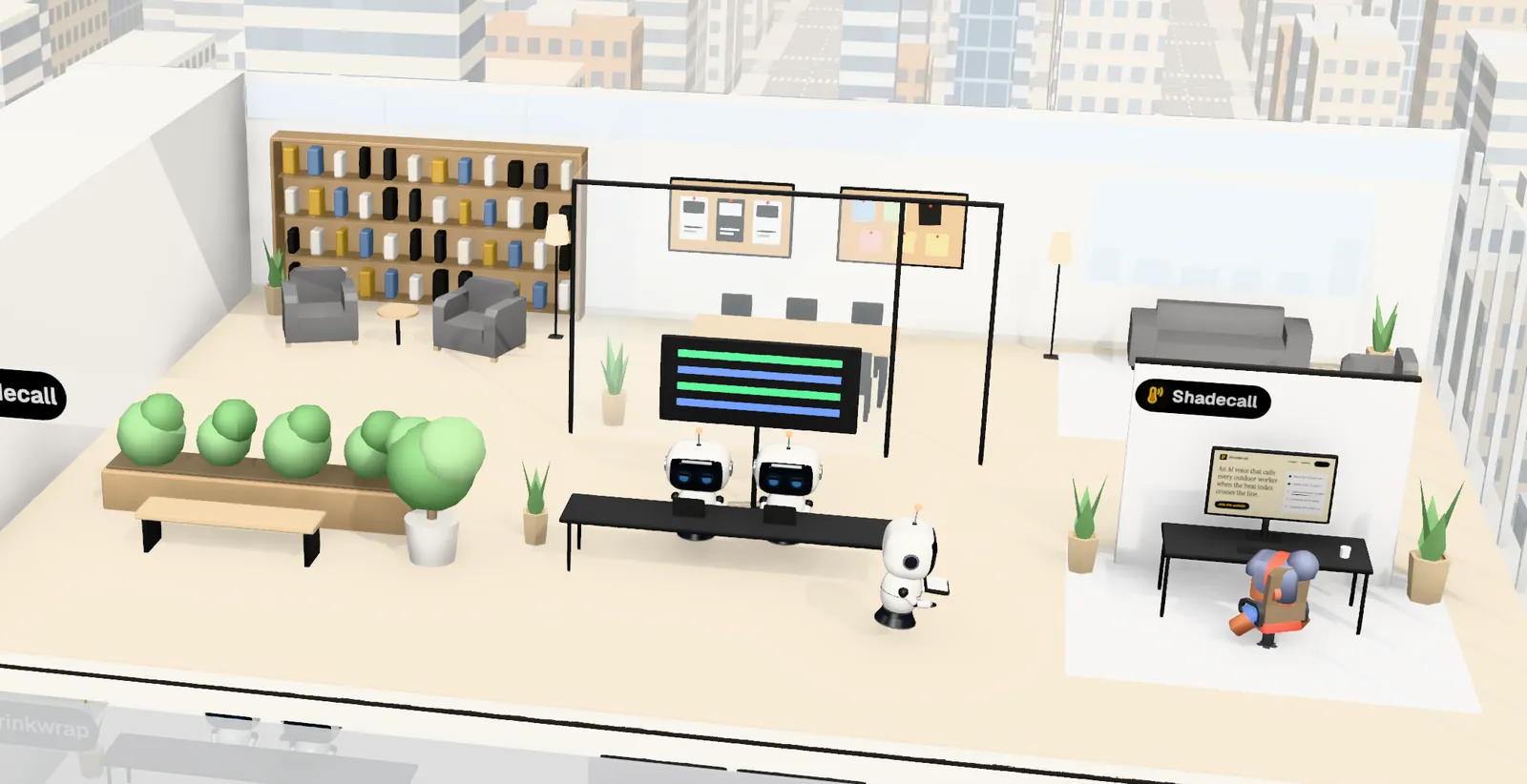 Shadecall’s office on floor 20 of Tower 1: the owner’s desk with the website on screen, the agents’ bench, a meeting room and a library